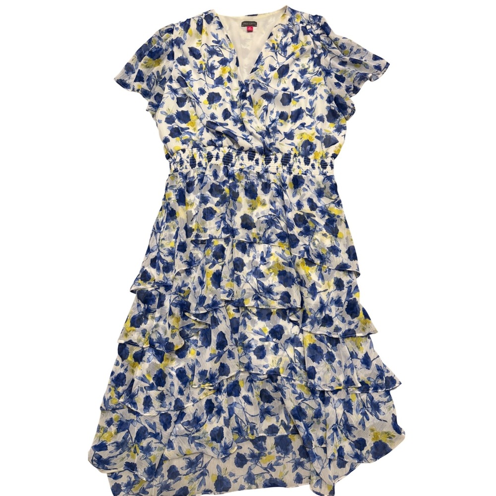 Vince Camuto Blue Yellow Floral Tiered Smocked Midi Dress 2X Wedding Garden
